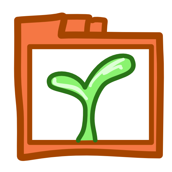 An orange file folder with 3 tabs across the top has a white rectangle on its front, inside the rectangle is a plant sprout, its light green with two leaves. 